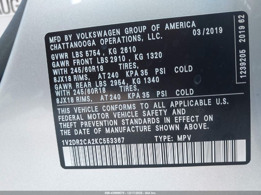 2019 Volkswagen Atlas 3.6L V6 Se VIN: 1V2DR2CA2KC553367 Lot: 43969570