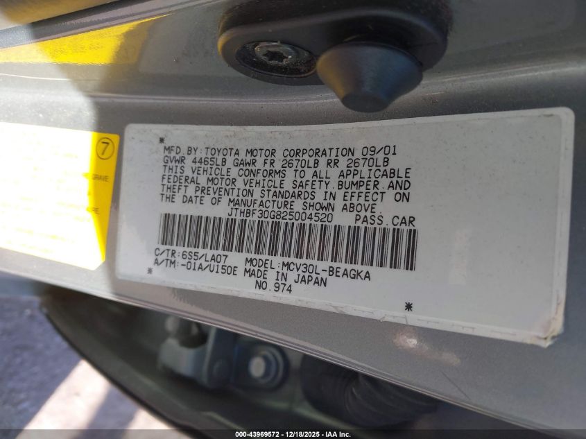 2002 Lexus Es 300 VIN: JTHBF30G825004520 Lot: 43969572