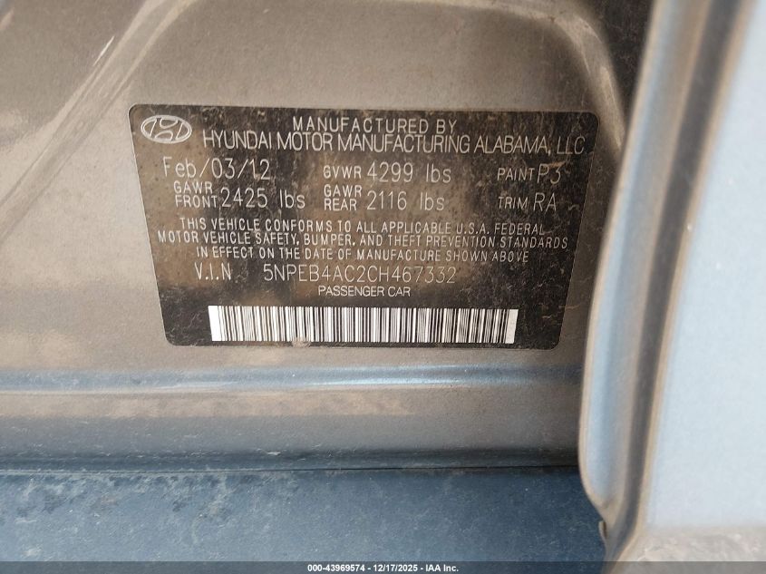2012 Hyundai Sonata Gls VIN: 5NPEB4AC2CH467332 Lot: 43969574