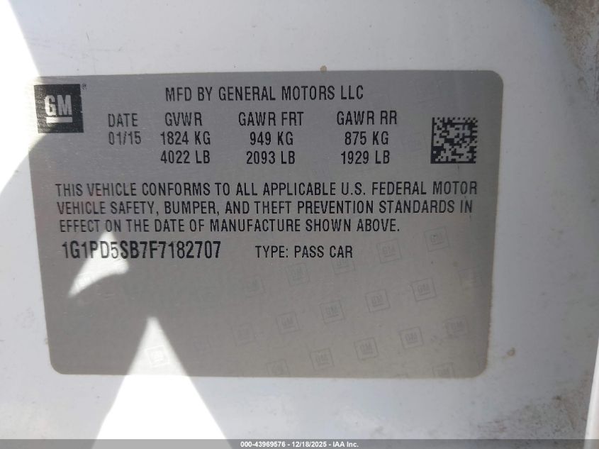 2015 Chevrolet Cruze 1Lt Manual VIN: 1G1PD5SB7F7182707 Lot: 43969576