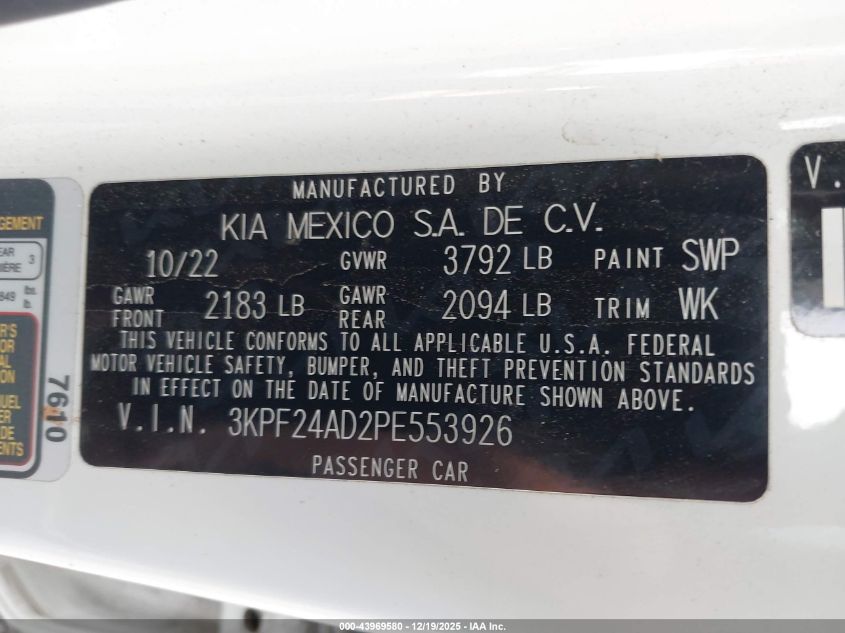 2023 Kia Forte Lxs VIN: 3KPF24AD2PE553926 Lot: 43969580