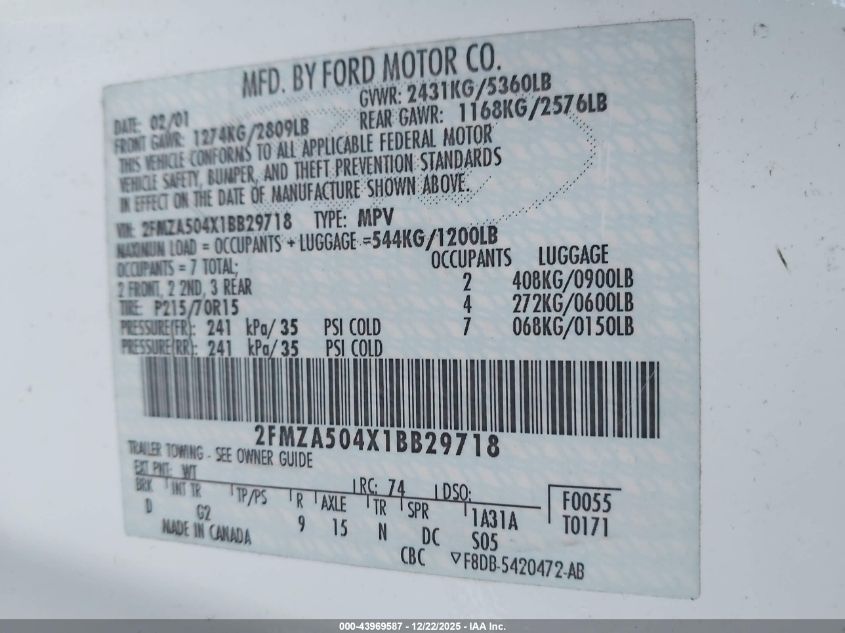 2001 Ford Windstar Lx VIN: 2FMZA504X1BB29718 Lot: 43969587