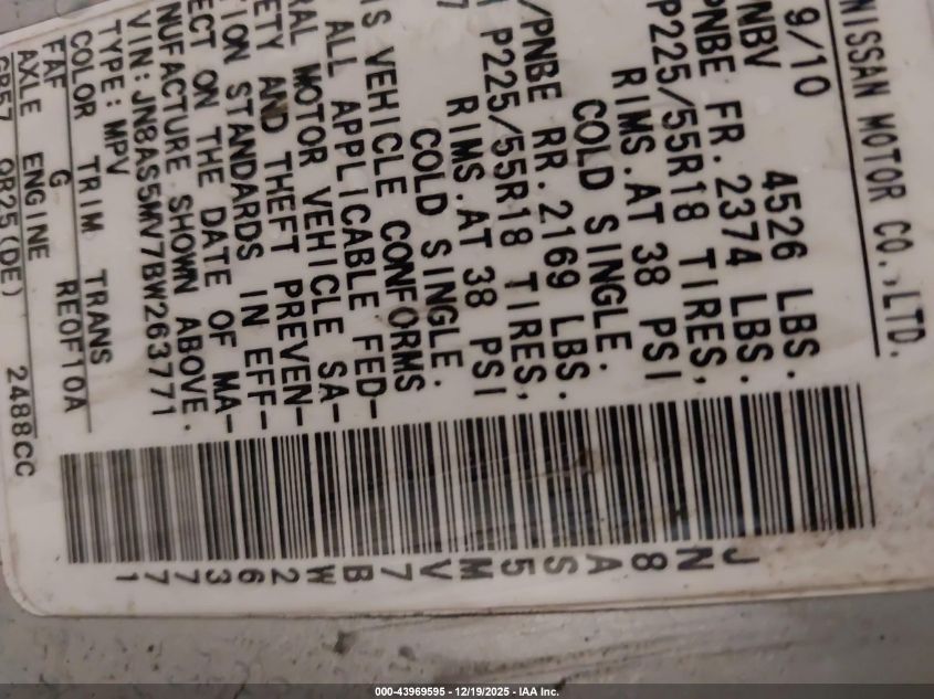 2011 Nissan Rogue Sv VIN: JN8AS5MV7BW263771 Lot: 43969595