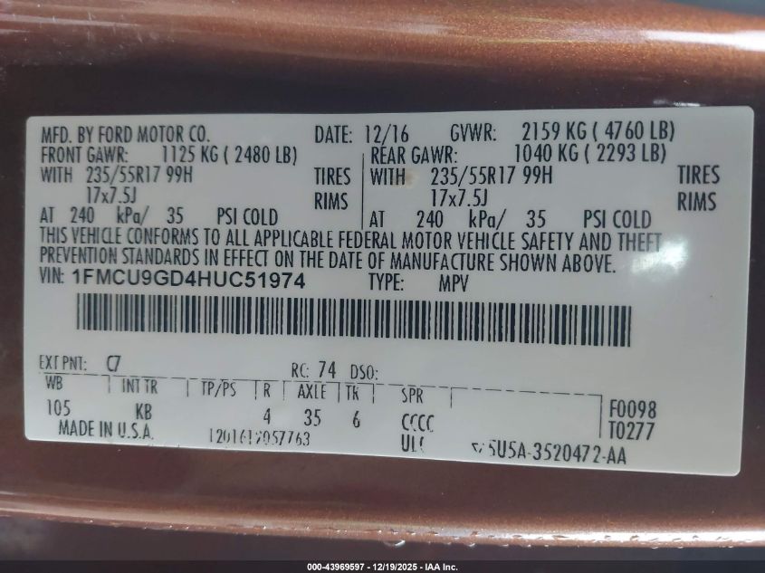 2017 Ford Escape Se VIN: 1FMCU9GD4HUC51974 Lot: 43969597