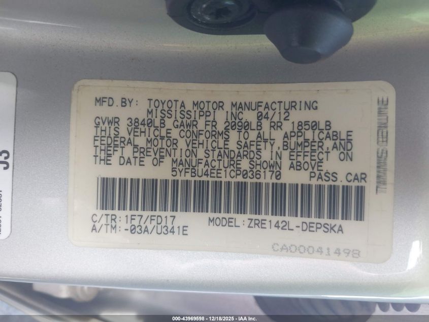 2012 Toyota Corolla S VIN: 5YFBU4EE1CP036170 Lot: 43969598