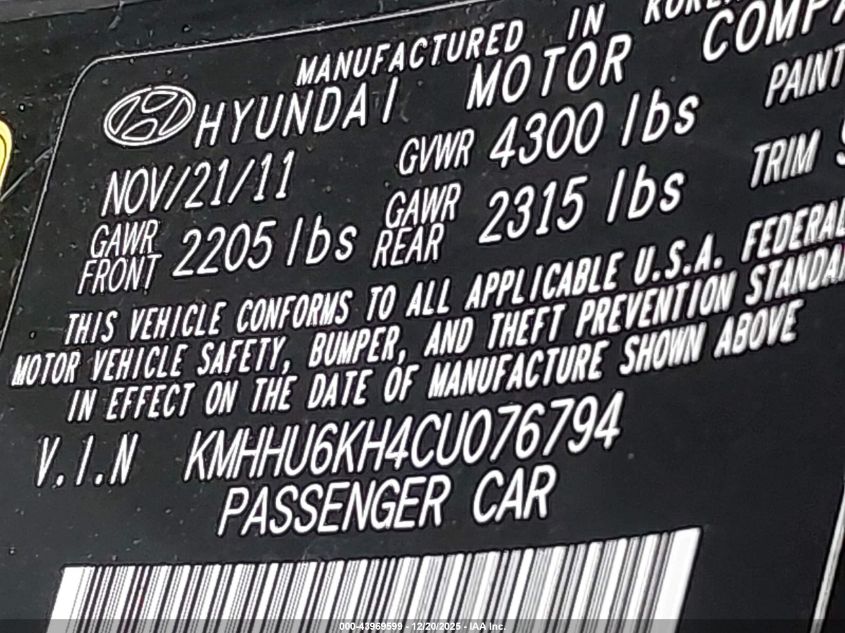 2012 Hyundai Genesis 3.8 Track VIN: KMHHU6KH4CU076794 Lot: 43969599