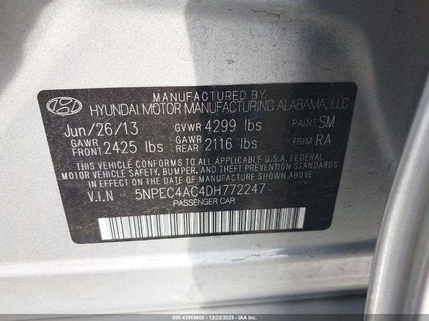 2013 Hyundai Sonata Se VIN: 5NPEC4AC4DH772247 Lot: 43969600