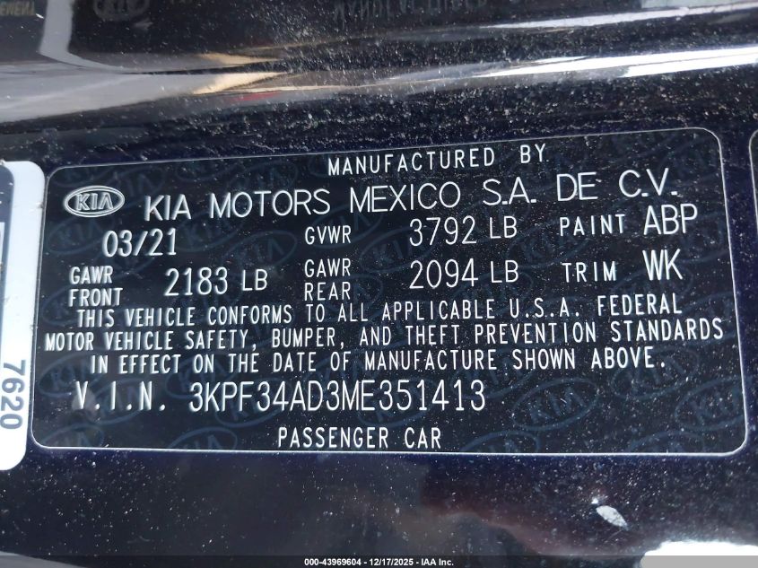 2021 Kia Forte Gt-Line VIN: 3KPF34AD3ME351413 Lot: 43969604