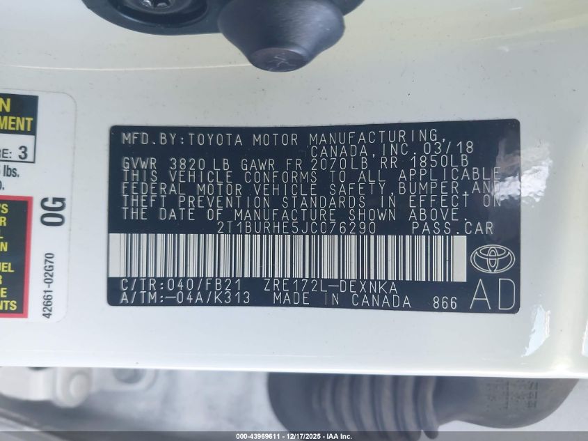 2018 Toyota Corolla Le VIN: 2T1BURHE5JC076290 Lot: 43969611