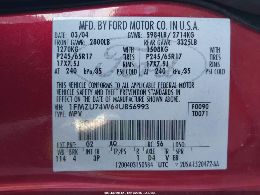 2004 Ford Explorer Eddie Bauer VIN: 1FMZU74W64UB56993 Lot: 43969612