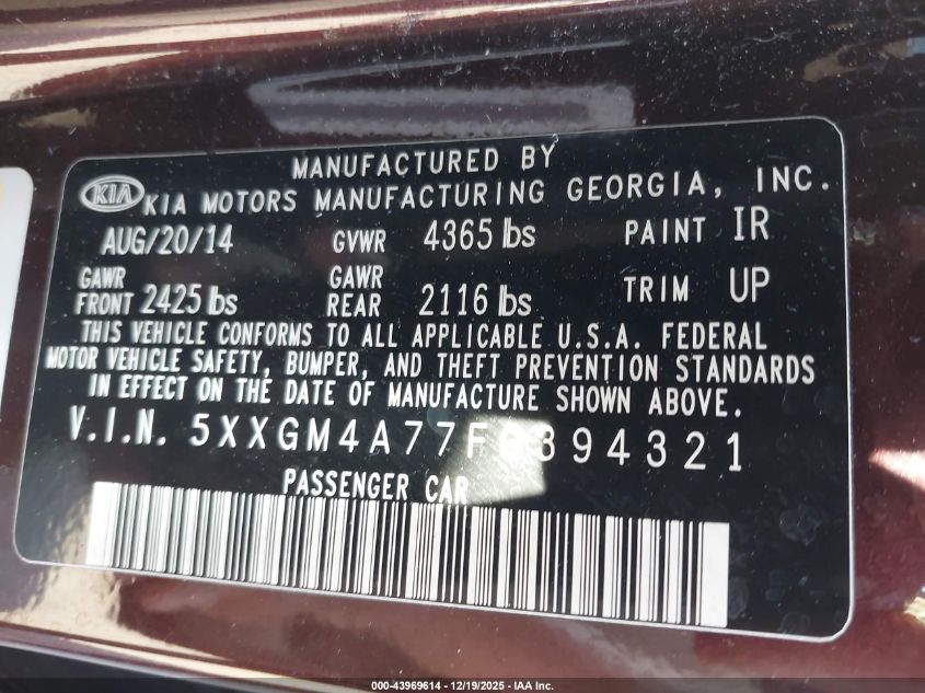 2015 Kia Optima Lx VIN: 5XXGM4A77FG394321 Lot: 43969614