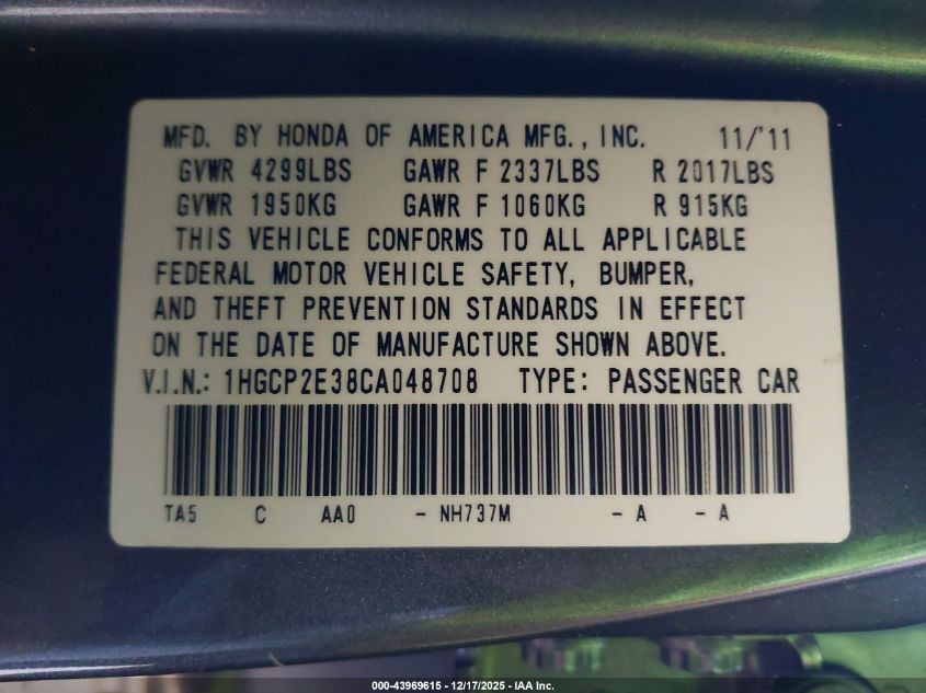 2012 Honda Accord 2.4 Lx VIN: 1HGCP2E38CA048708 Lot: 43969615