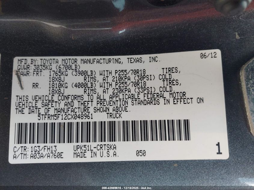 2012 Toyota Tundra Grade 4.6L V8 VIN: 5TFRM5F12CX048961 Lot: 43969616