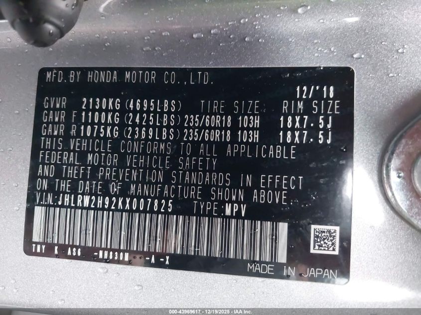 2019 Honda Cr-V Touring VIN: JHLRW2H92KX007825 Lot: 43969617