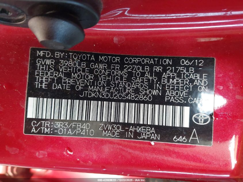 2012 Toyota Prius Three VIN: JTDKN3DU2C5482860 Lot: 43969619