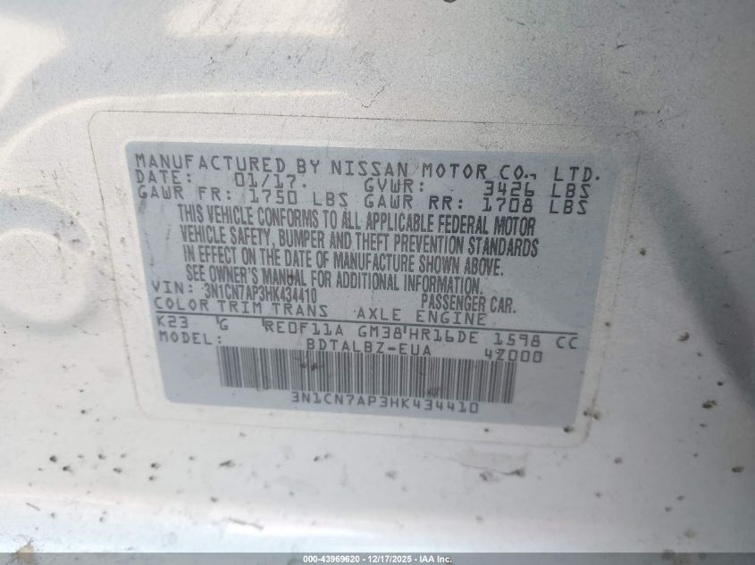 2017 Nissan Versa 1.6 Sv VIN: 3N1CN7AP3HK434410 Lot: 43969620