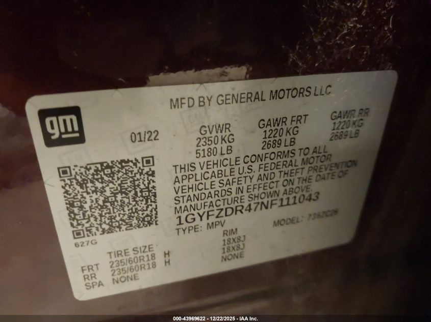 2022 Cadillac Xt4 Awd Premium Luxury VIN: 1GYFZDR47NF111043 Lot: 43969622