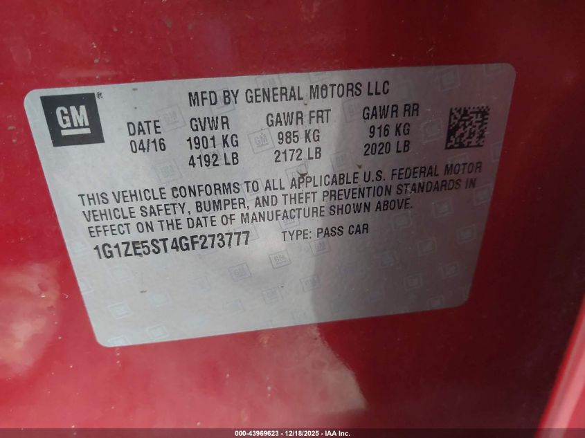 2016 Chevrolet Malibu 1Lt VIN: 1G1ZE5ST4GF273777 Lot: 43969623