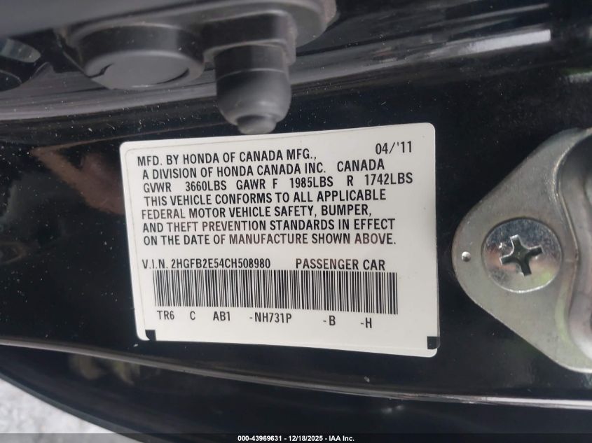 2012 Honda Civic Lx VIN: 2HGFB2E54CH508980 Lot: 43969631