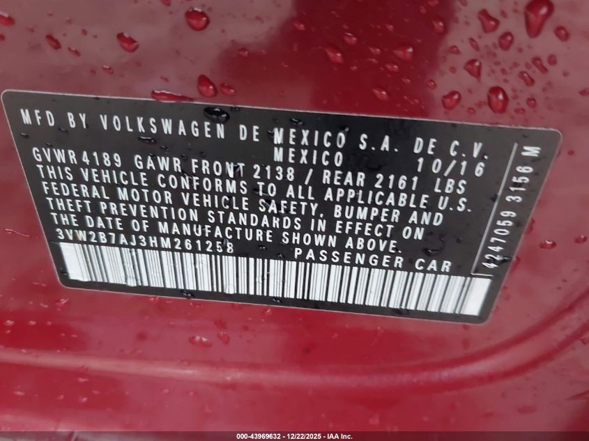 2017 Volkswagen Jetta 1.4T S VIN: 3VW2B7AJ3HM261258 Lot: 43969632