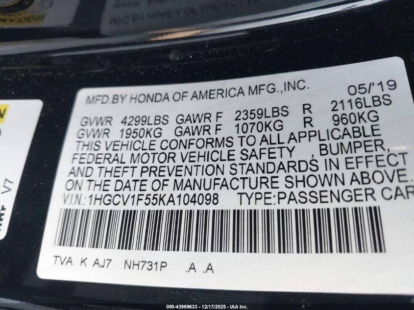 2019 Honda Accord Ex-L VIN: 1HGCV1F55KA104098 Lot: 43969633