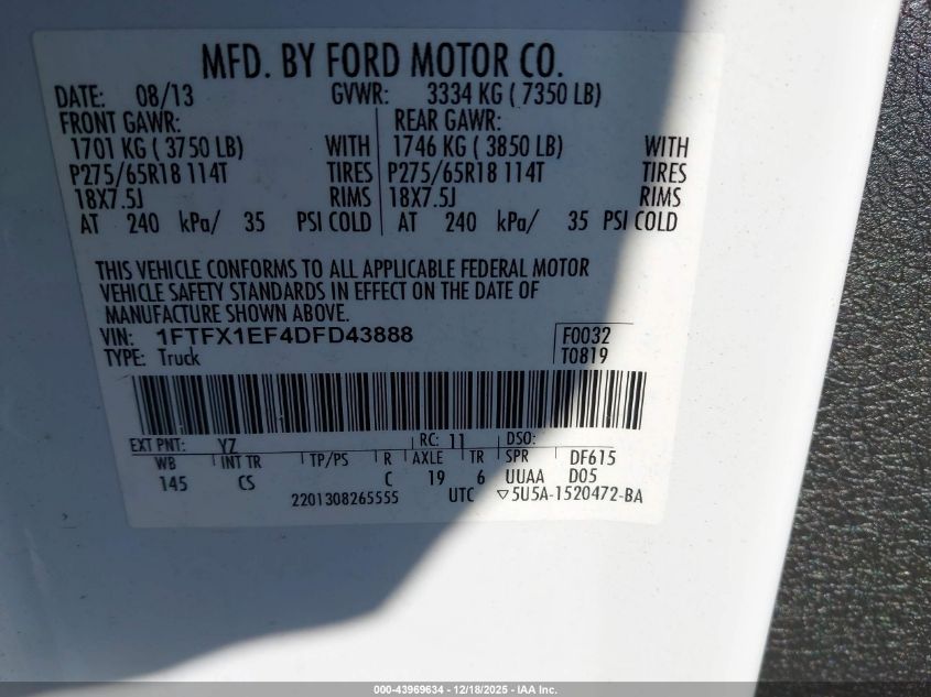 2013 Ford F-150 Stx VIN: 1FTFX1EF4DFD43888 Lot: 43969634