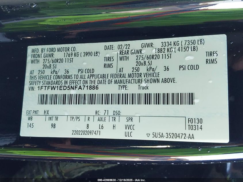 2022 Ford F-150 Platinum VIN: 1FTFW1ED5NFA71886 Lot: 43969638