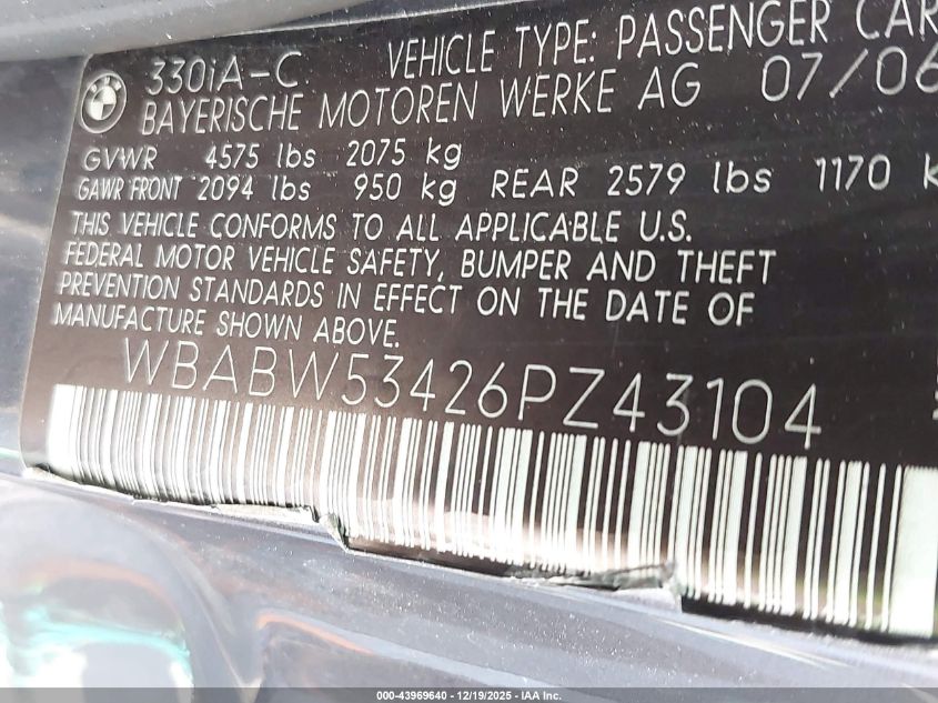 2006 BMW 330Ci VIN: WBABW53426PZ43104 Lot: 43969640