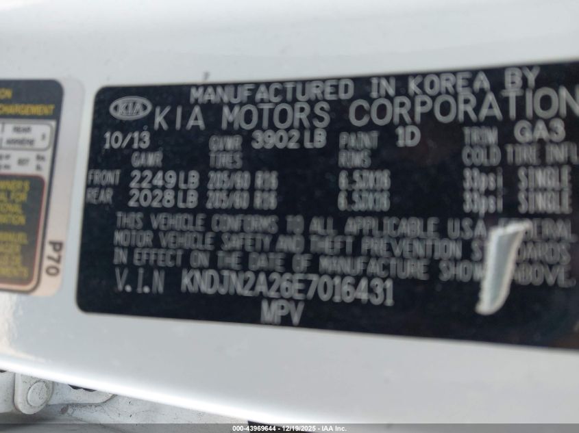 2014 Kia Soul VIN: KNDJN2A26E7016431 Lot: 43969644