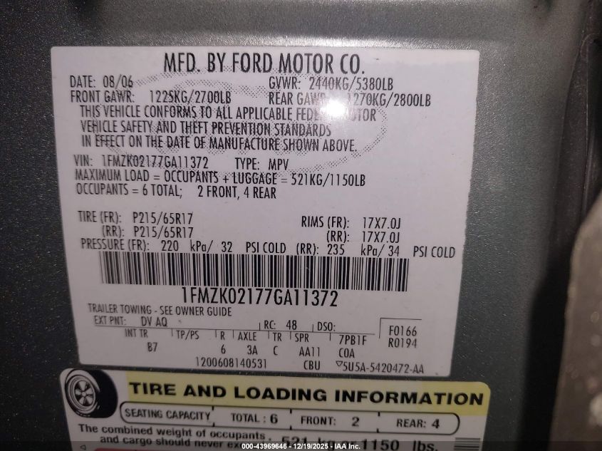 2007 Ford Freestyle Sel VIN: 1FMZK02177GA11372 Lot: 43969646