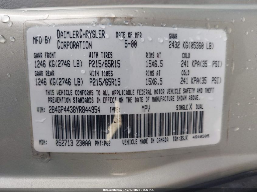 2000 Dodge Grand Caravan Se VIN: 2B4GP4438YR844954 Lot: 43969647