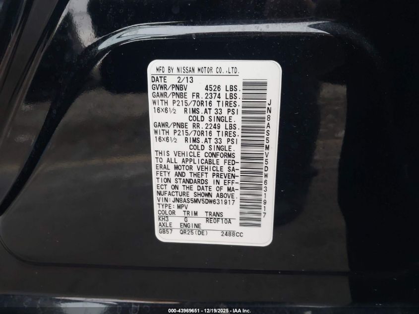 2013 Nissan Rogue S VIN: JN8AS5MV5DW631917 Lot: 43969651