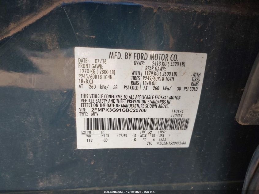 2016 Ford Edge Se VIN: 2FMPK3G91GBC20766 Lot: 43969653