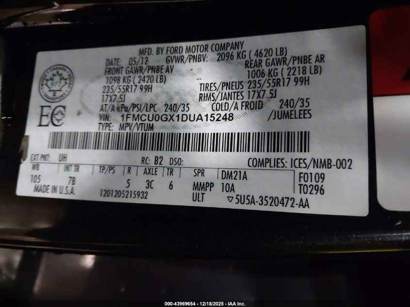 2013 Ford Escape Se VIN: 1FMCU0GX1DUA15248 Lot: 43969654