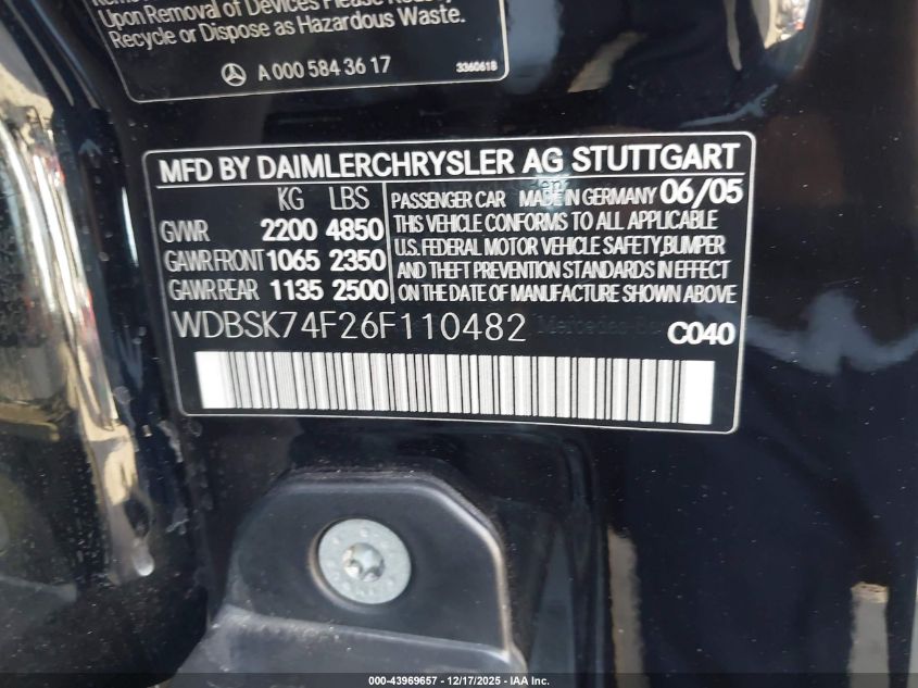 2006 Mercedes-Benz Sl-Class 5.5L Amg VIN: WDBSK74F26F110482 Lot: 43969657
