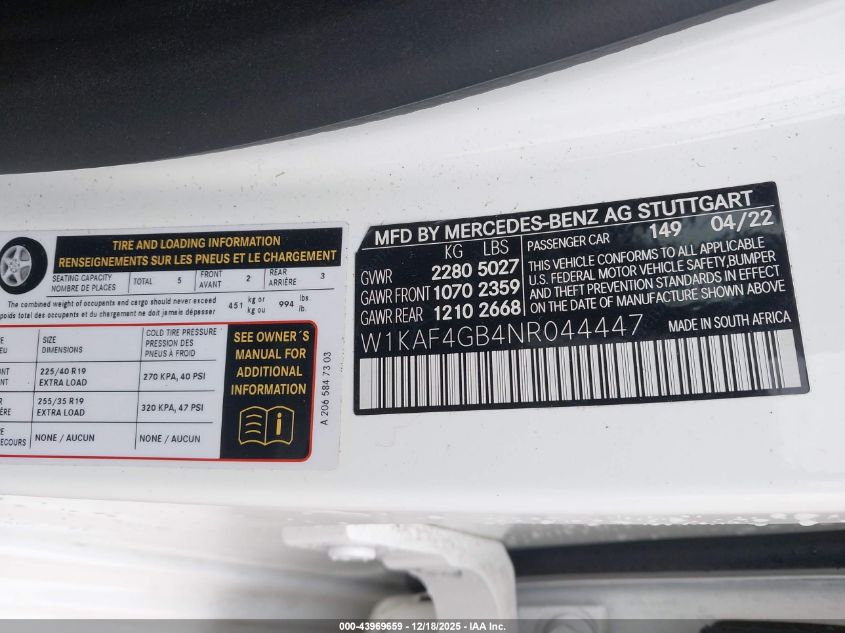 2022 Mercedes-Benz C 300 Sedan VIN: W1KAF4GB4NR044447 Lot: 43969659