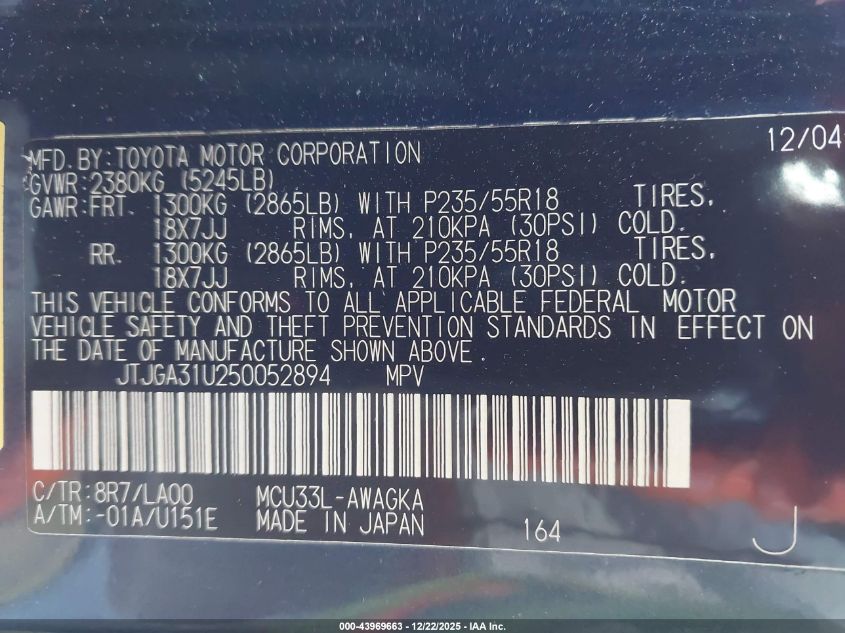 2005 Lexus Rx 330 VIN: JTJGA31U250052894 Lot: 43969663