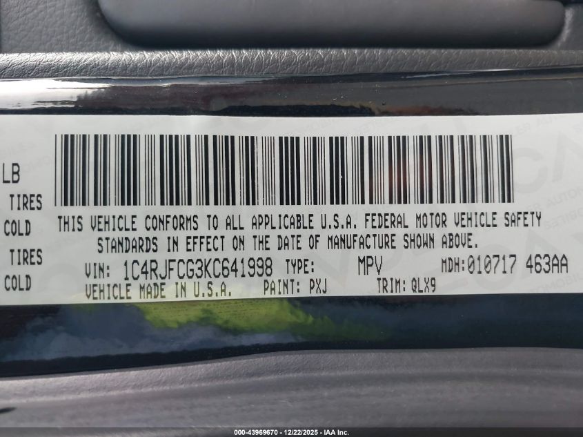 2019 Jeep Grand Cherokee High Altitude 4X4 VIN: 1C4RJFCG3KC641998 Lot: 43969670
