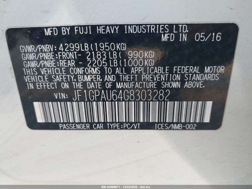2016 Subaru Impreza 2.0I Sport Limited VIN: JF1GPAU64G8303282 Lot: 43969671