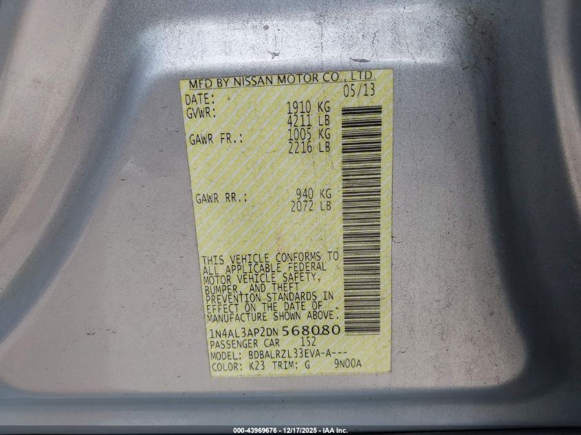 2013 Nissan Altima 2.5 S VIN: 1N4AL3AP2DN568080 Lot: 43969676