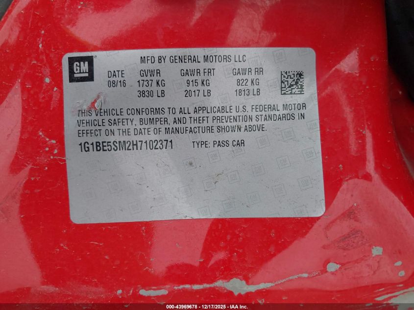 2017 Chevrolet Cruze Lt Auto VIN: 1G1BE5SM2H7102371 Lot: 43969678