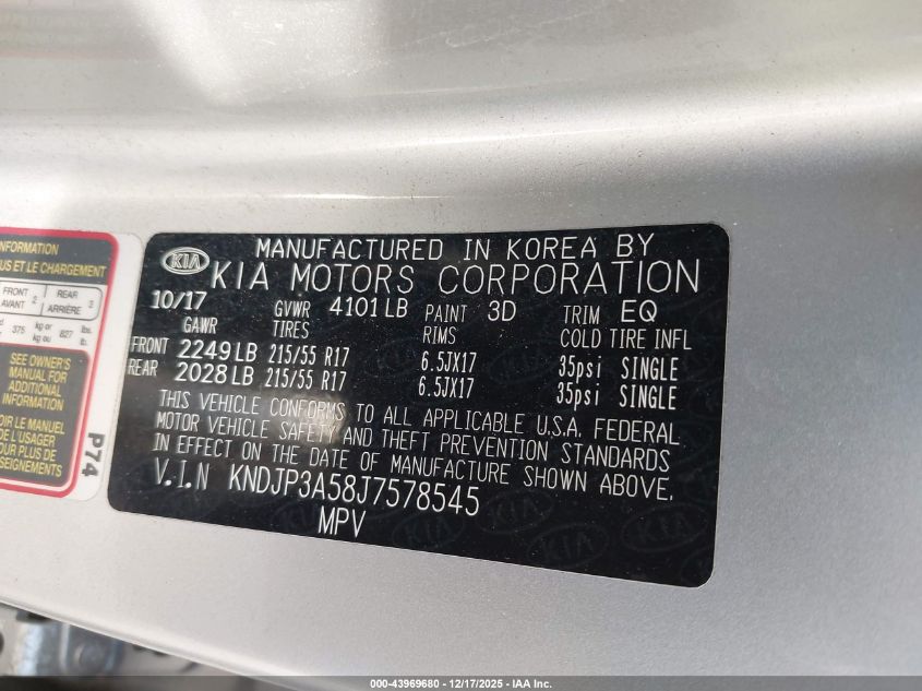 2018 Kia Soul + VIN: KNDJP3A58J7578545 Lot: 43969680