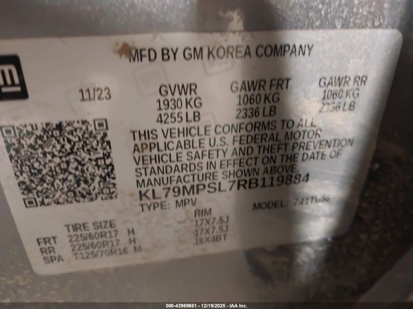 2024 Chevrolet Trailblazer Fwd Lt VIN: KL79MPSL7RB119884 Lot: 43969681