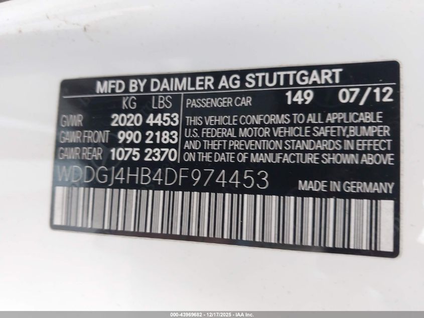 2013 Mercedes-Benz C 250 VIN: WDDGJ4HB4DF974453 Lot: 43969682