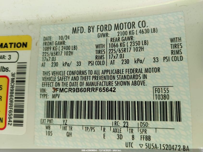 2024 Ford Bronco Sport Big Bend VIN: 3FMCR9B60RRF65642 Lot: 43969684