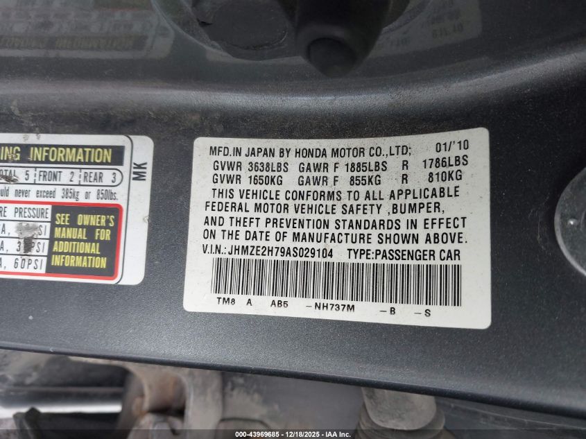 2010 Honda Insight Ex VIN: JHMZE2H79AS029104 Lot: 43969685