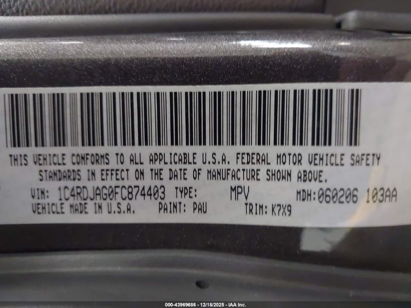 2015 Dodge Durango Sxt VIN: 1C4RDJAG0FC874403 Lot: 43969686