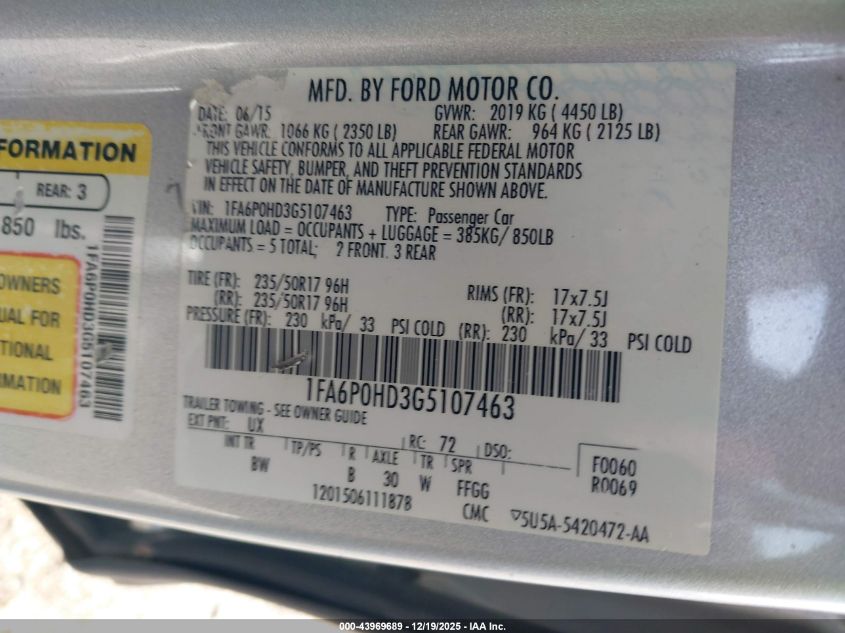 2016 Ford Fusion Se VIN: 1FA6P0HD3G5107463 Lot: 43969689