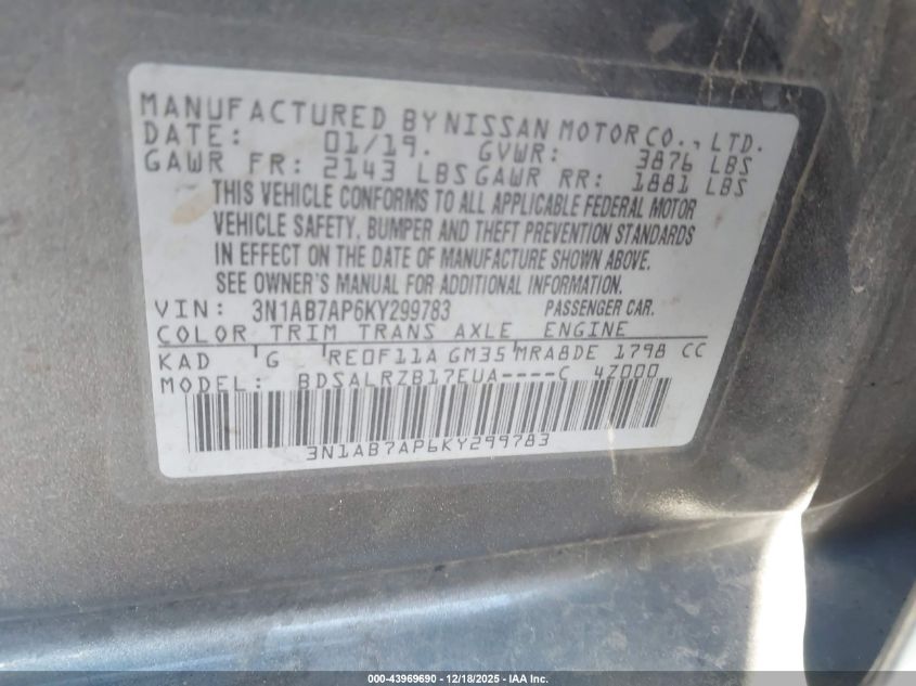 2019 Nissan Sentra Sr VIN: 3N1AB7AP6KY299783 Lot: 43969690