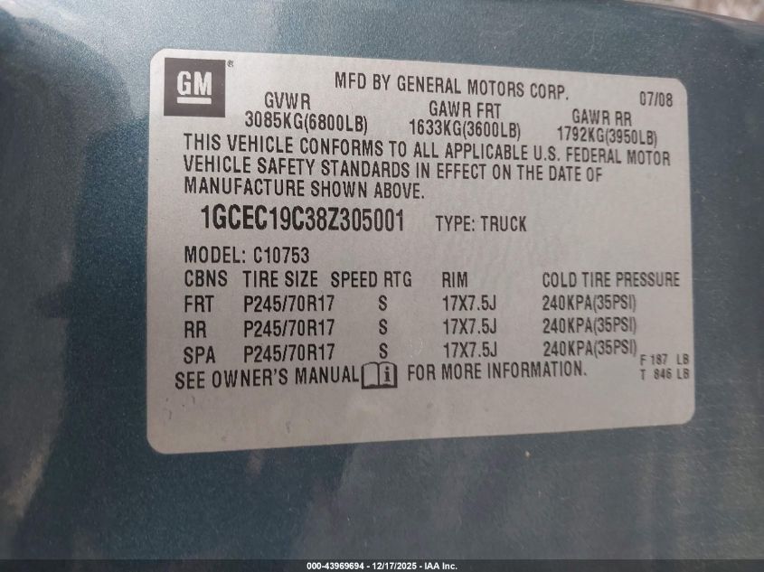 2008 Chevrolet Silverado 1500 Work Truck VIN: 1GCEC19C38Z305001 Lot: 43969694